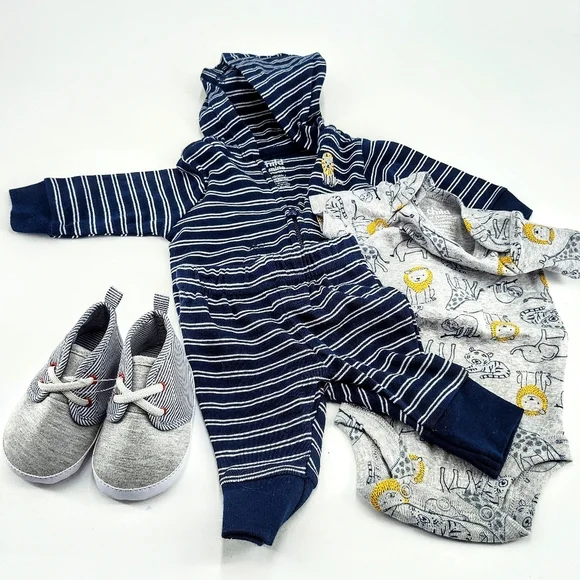 Striped Navy and Gray Hoodie And Pants With Grey Onesi Shirt And A Pair Of Shoes - Picture 4 of 7